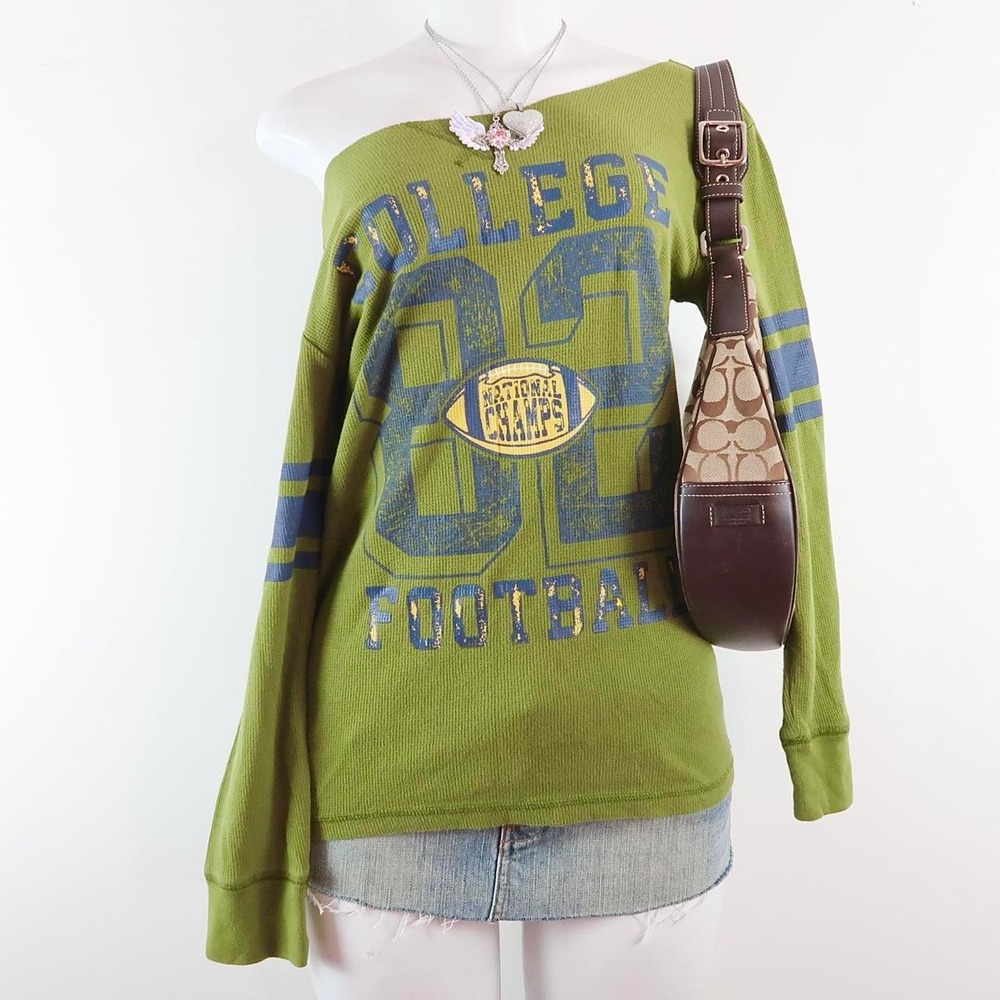y2k off the shoulder football graphic knit sweater